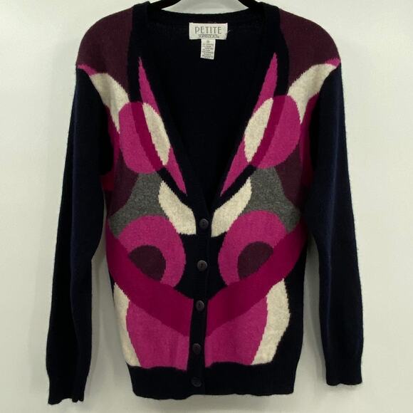 Vintage 90s Petite Sophisticate Sweater Lambswool Angora Abstract Geo Cardidan M - Picture 1 of 5